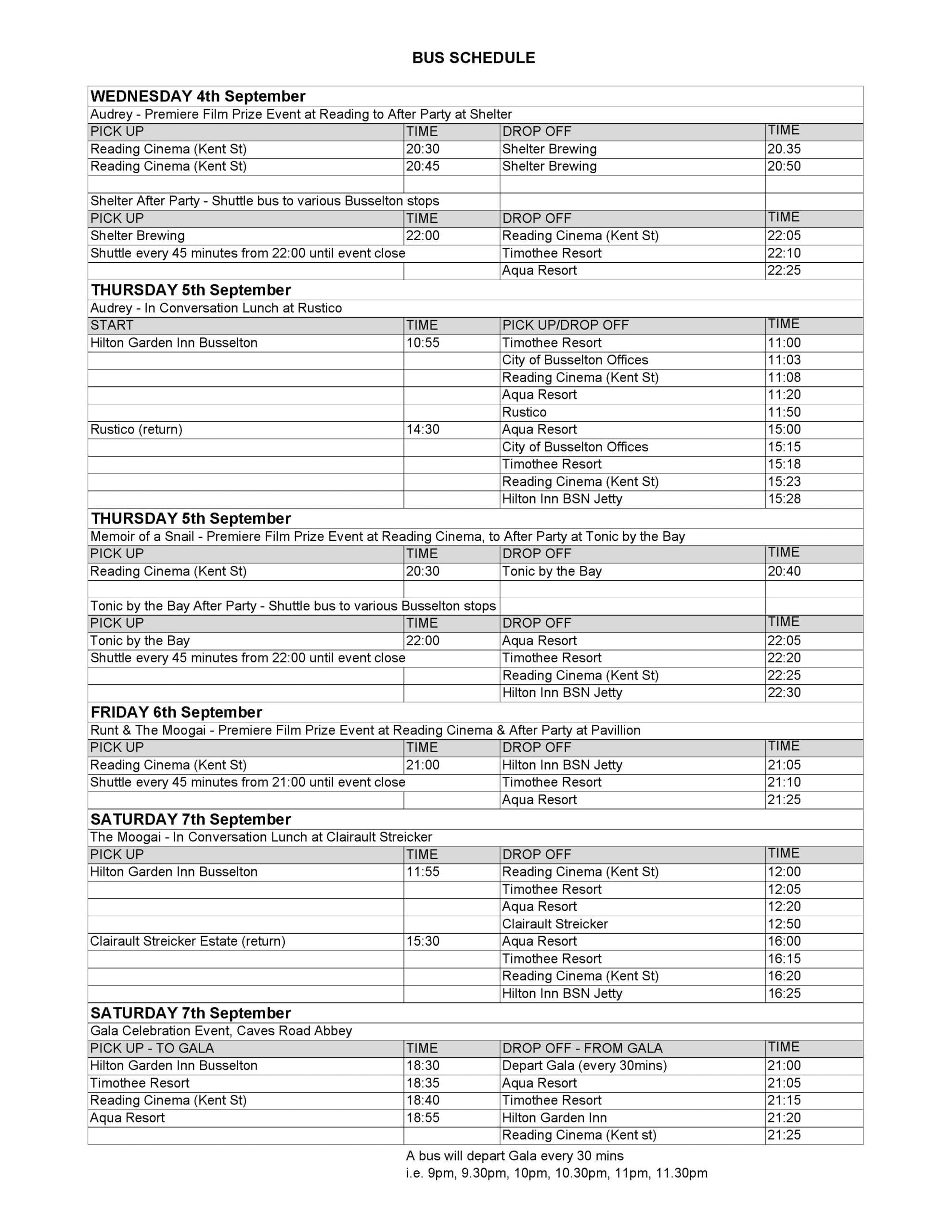 Bus Schedule • CinefestOZ Film Festival